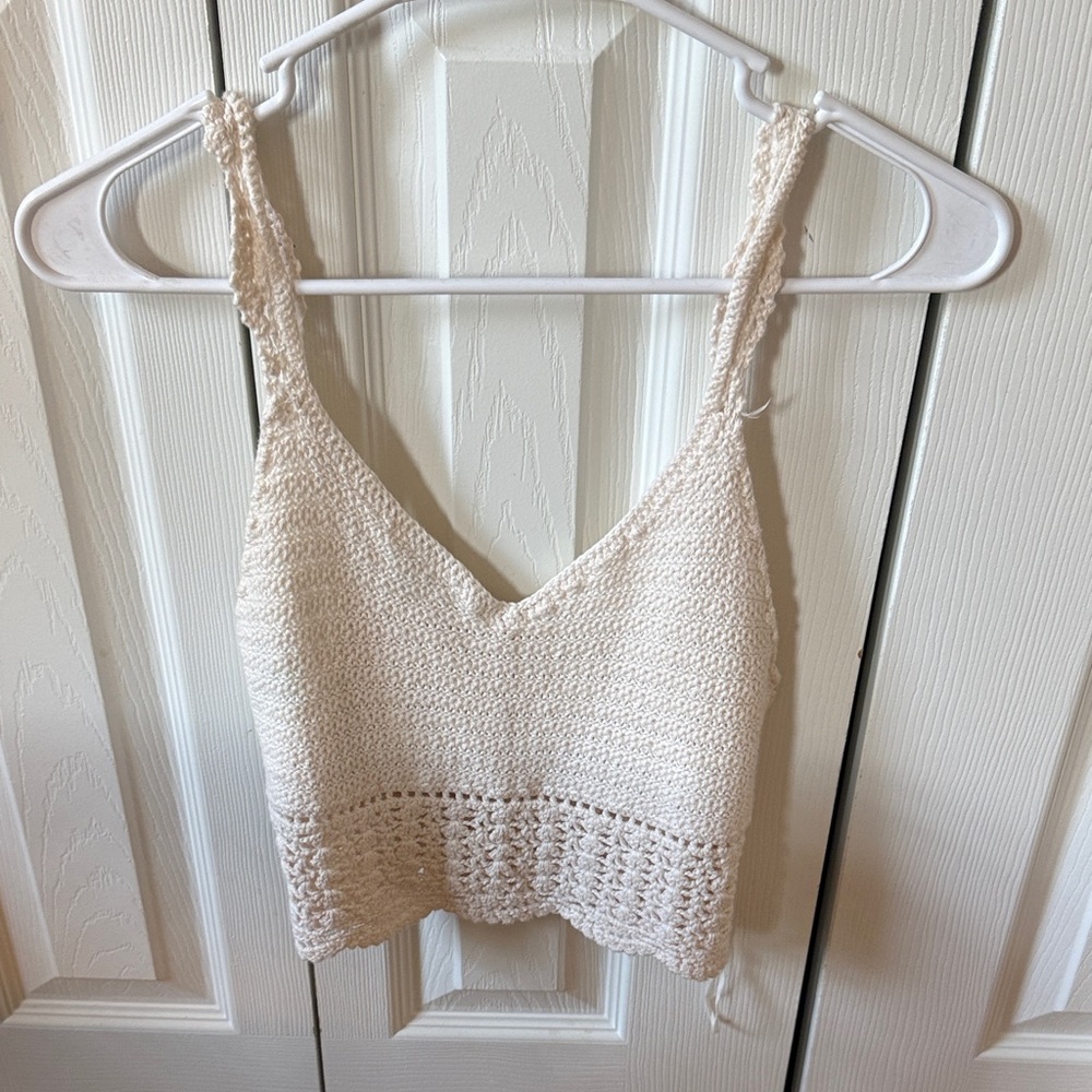 American Eagle Outfitters Cream Crochet-Trim Knit Cami Top